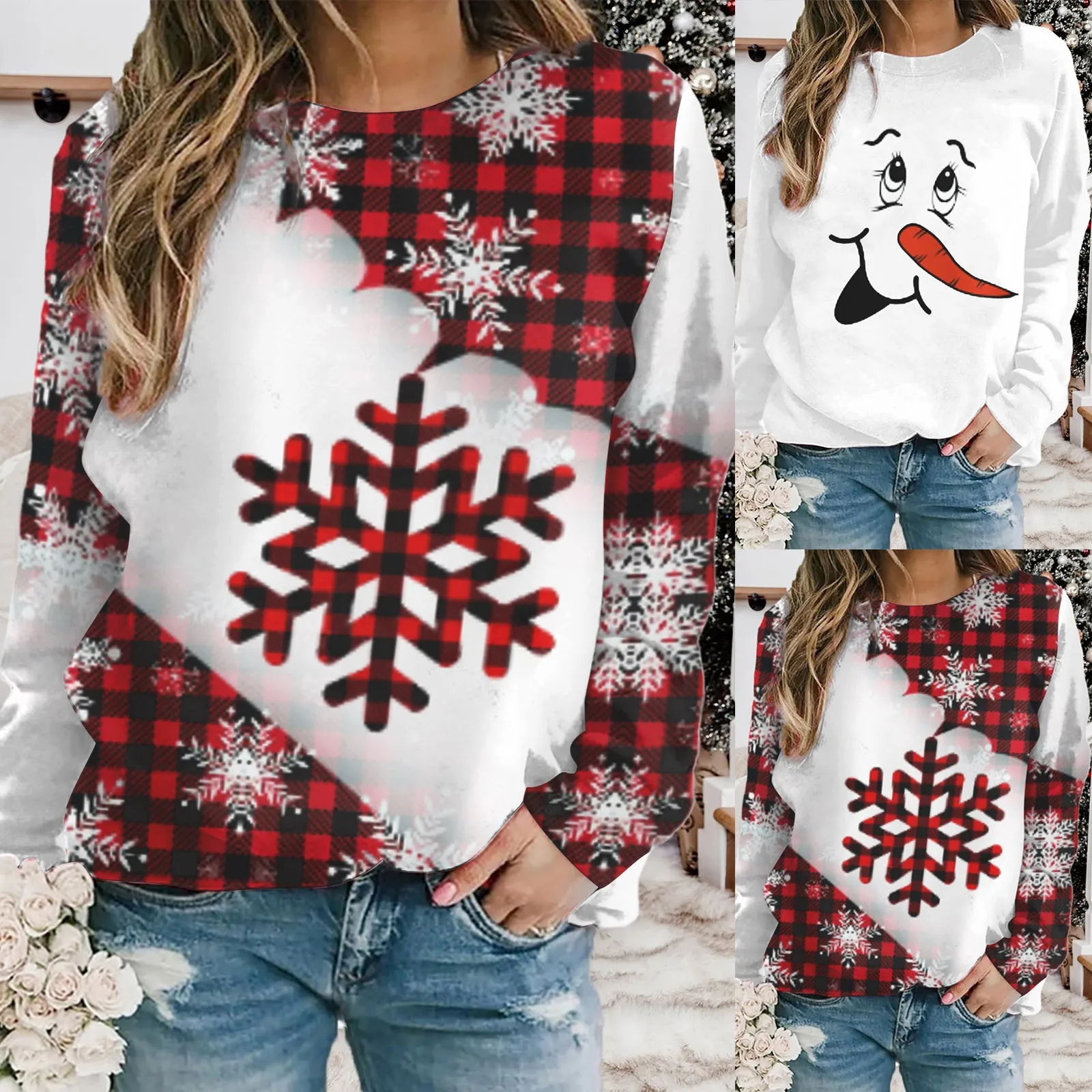 

Женский пуловер с длинным рукавом и круглым вырезом, с рождественским принтом