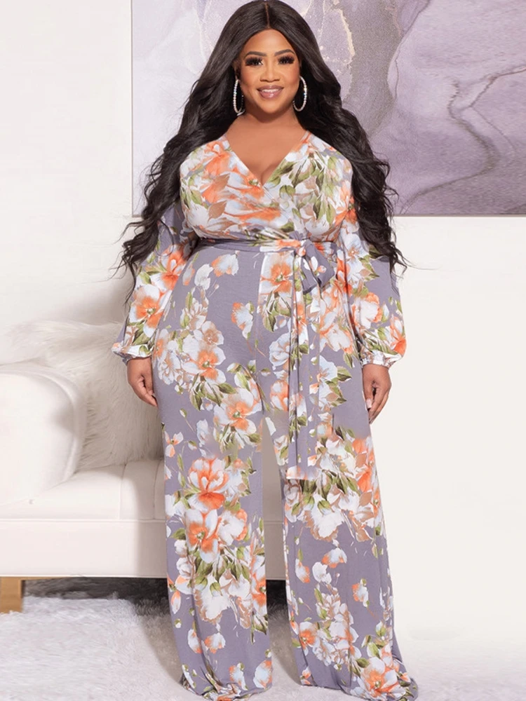 

4XL 5XL Plus Size Wide Leg Pants Jumpsuit Women V Neck Playsuit Spring Autumn New Floral Print Streetwear Loose Jumpsuits 2022