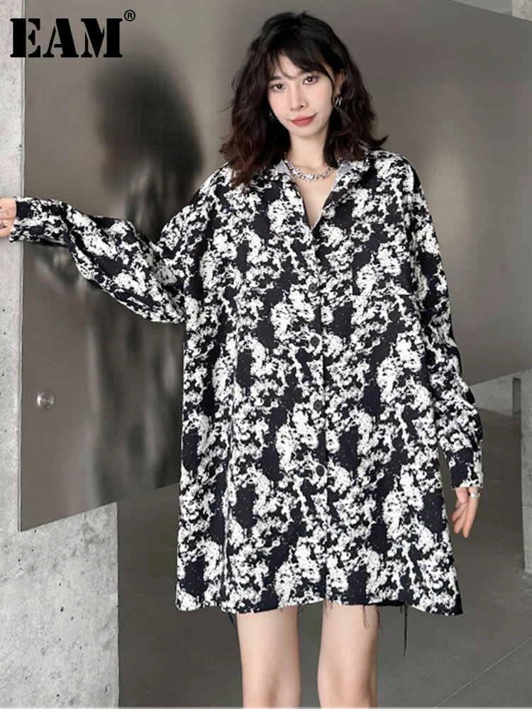 

[EAM] Женская Черная Вельветовая длинная блуза большого размера с принтом, новая свободная рубашка с длинными рукавами и лацканами, модная демисезонная 2023, 1DH0648