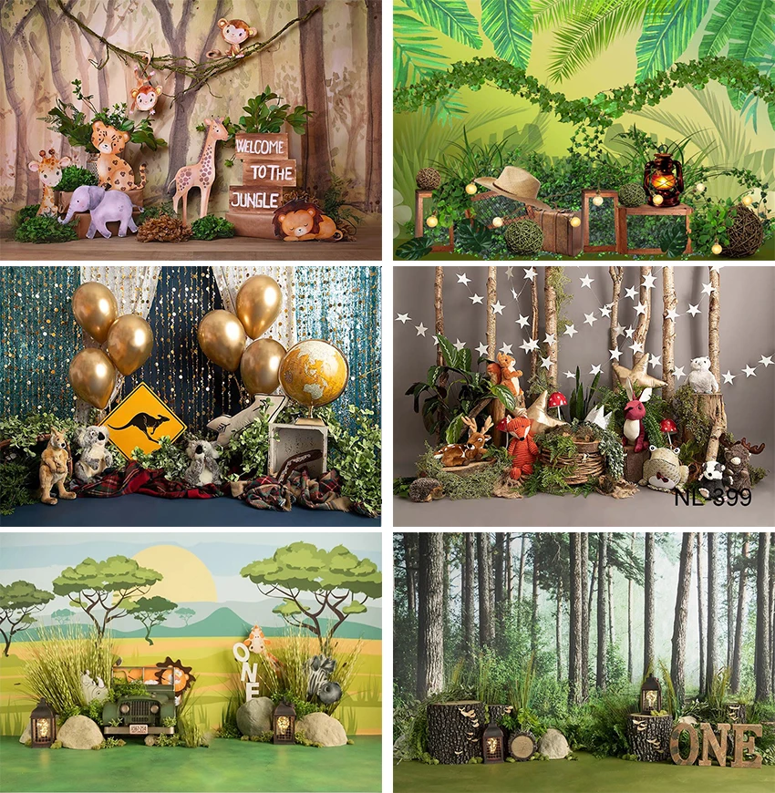 

Фотофон с изображением леса, детского дня рождения, животных, джунглей, Деревянного Багажника, баннер, детский душ, фон для фотосессии, реквизит для фотостудии