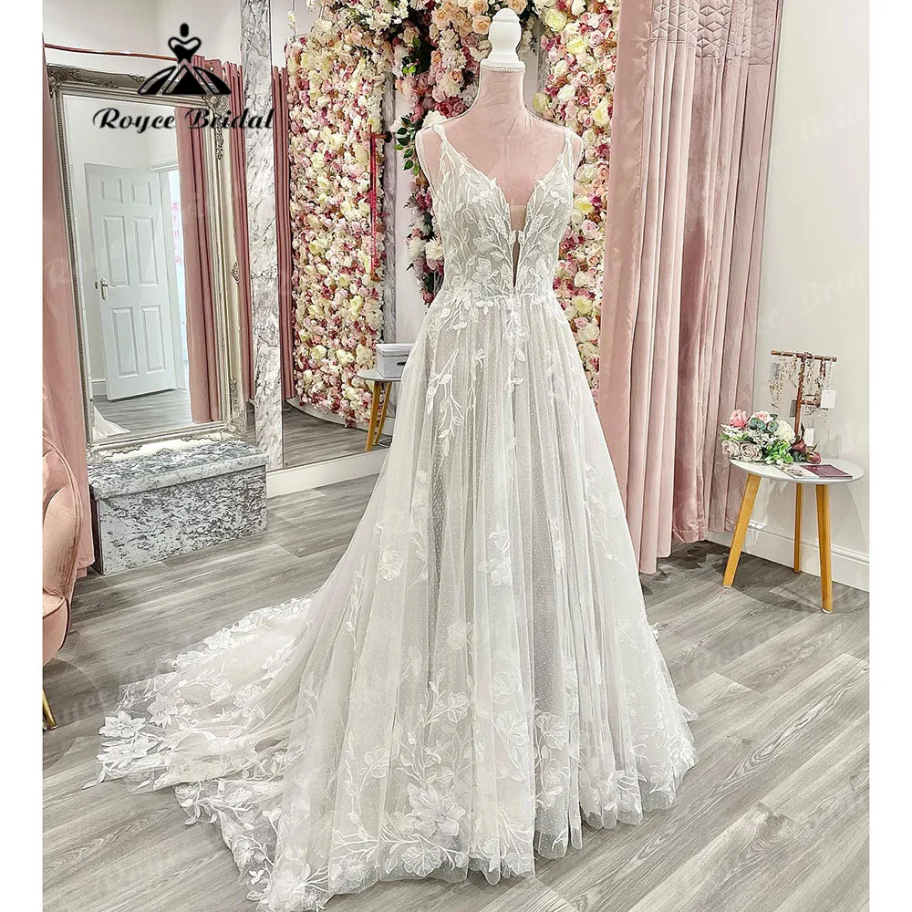 

Romantic Deep V Neck Lace Appliques Boho Wedding Dress for Women 2024 Spaghetti Straps Bridal Gown abito da sposa Roycebridal