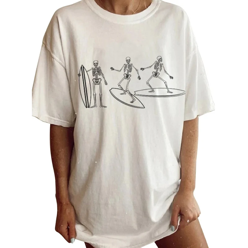 

Skeleton Surfing Female 2022 Summer Fashion Beach Vacation Graphic T Shirts Casual Oversized Funny T-shirts Women's Cute Tops
