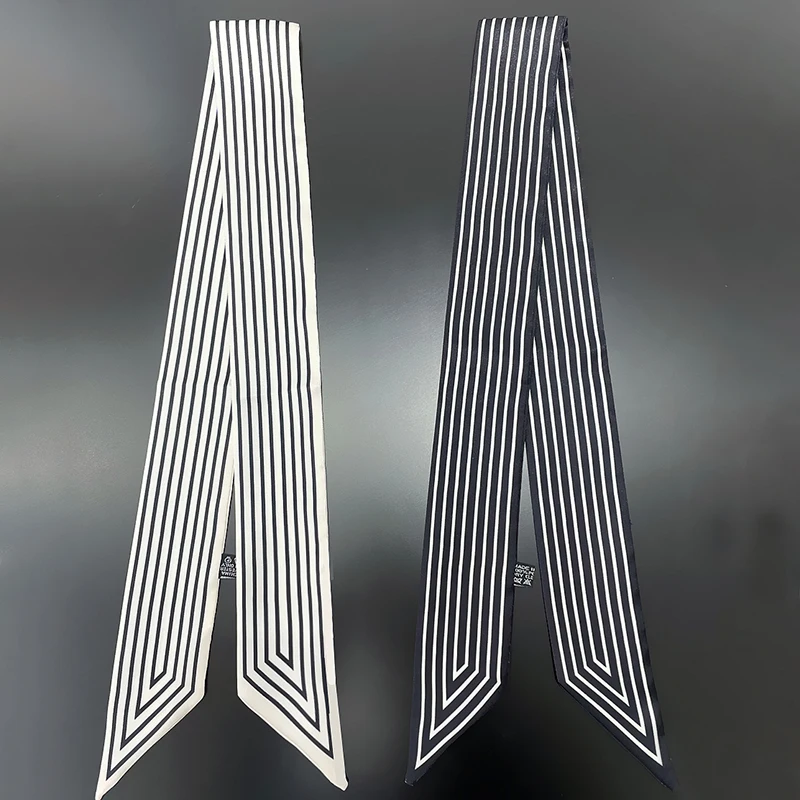 

Luna&Dolphin Spring Women Skinny Long Scarf 90x5cm Striped Print Black White French Chiffon Silky Tie Bag Ribbon Headband Choker