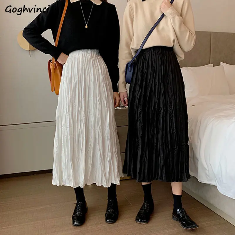 

Плиссированные женские летние юбки, новый дизайн, универсальные с высокой талией, простые мешковатые модные нежные женские повседневные миди-юбки в Корейском стиле для отдыха