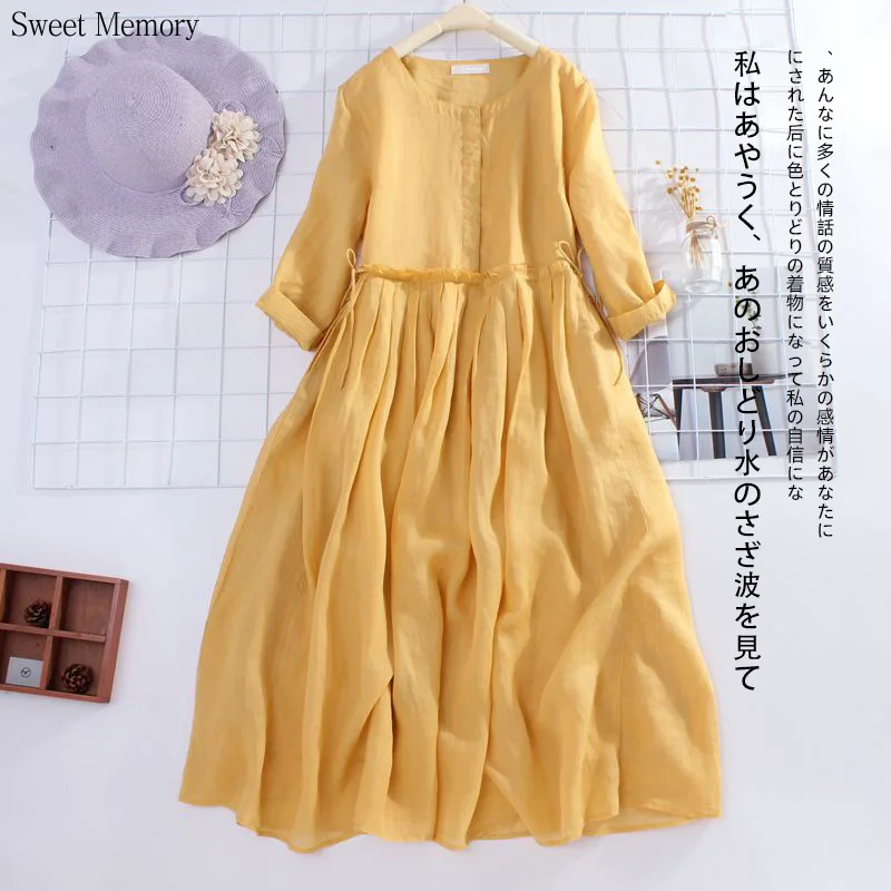 

M53 2022 Women Yellow Blue Dress Lady Long Sleeve Cotton Linen Comfortable Mid-length O-Neck Casual Dresses
