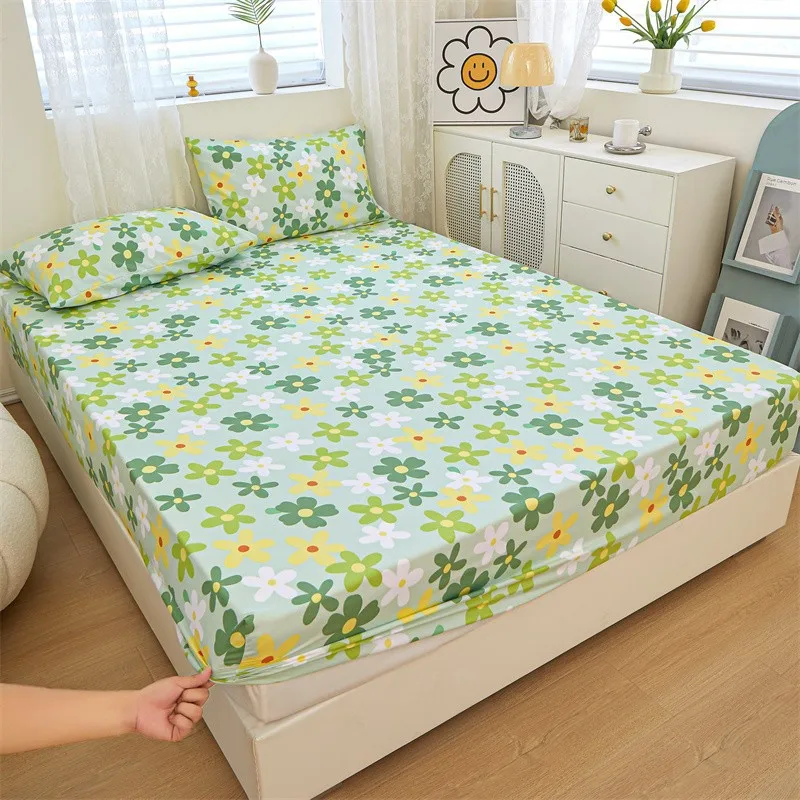 

Anti-slip Mattress Protector Single Piece Double Cotton Bedspreads Dustproof Cover Floral Fitted Sheet Elastic Band Full Wrap