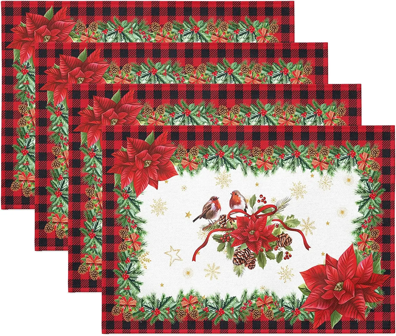 

Christmas Placemats Set of 4 Winter Red Black Buffalo Plaid Xmas Floral Snowflake Dining Table Mats Square Washable Wipeable