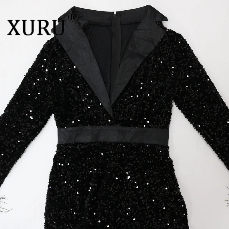 XURU Sexy Deep V Slim Fitting Long Sleeve Jumpsuit, Velvet Beaded Black Jumpsuit, Sexy Nightclub Party Jumpsuit for Women