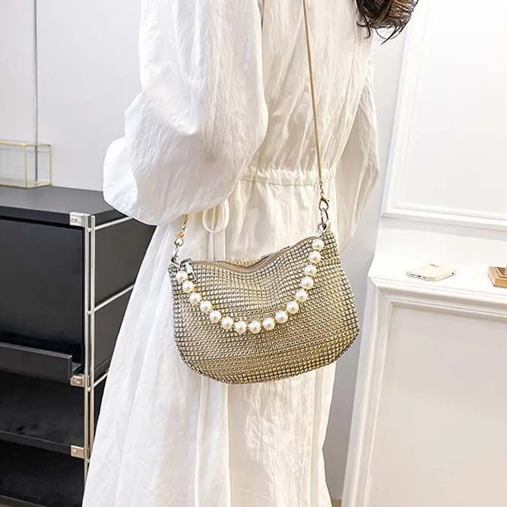 

Zipper Rhinestone Shoulder Bag Large Capacity Korean Style Pearl Handle Handbag Shopping Bag Crystal Evening Clutch Underarm Bag