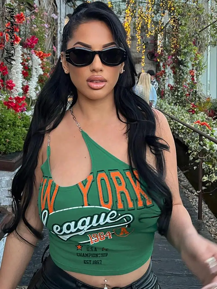 

Print Sleeveless Tank Top Y2K Crop Top Hollow Out Corset Top Sleeveless Asymmetrical Top Chain Strap Street Shooting Vest Female