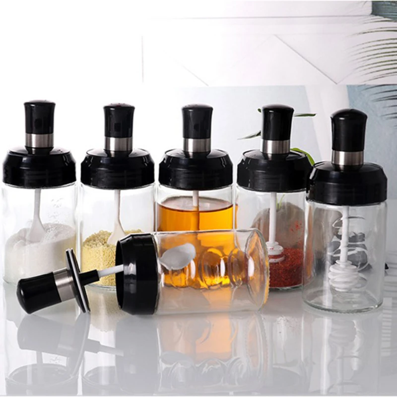 

Transparent Kitchen Supplies Glass Spice Jar for Salt Sugar Pepper Powder with Spoon Plastic Seasoning Bottle Salt Storage Box