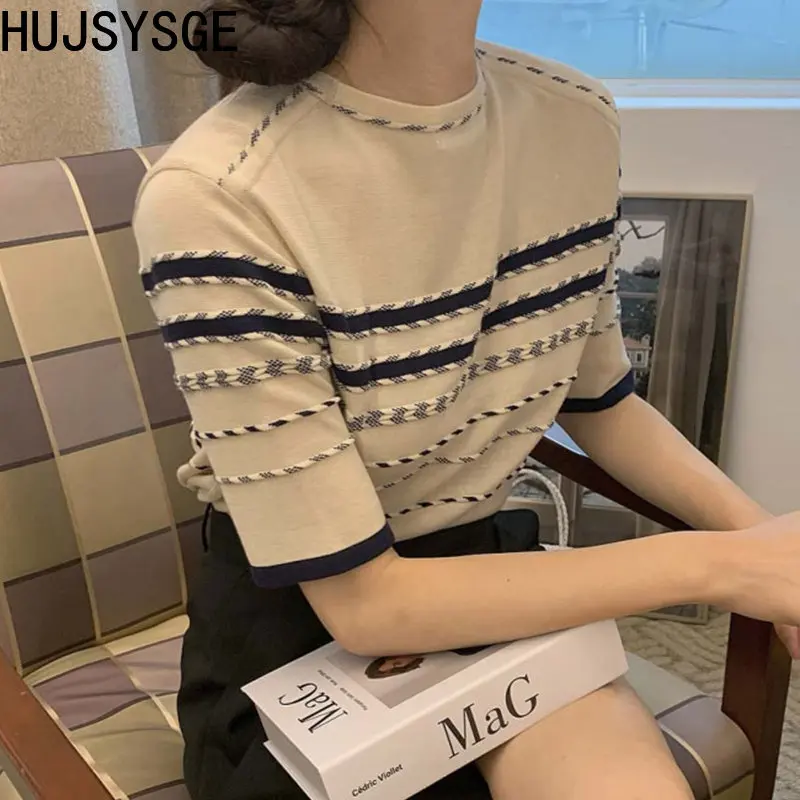 

Hujsysge Women Knitted Tees Short Sleeves O Neck Tshirt Vintage Outwear Tops Chic Korean T-shirts Summer Autumn Casual T Shirts