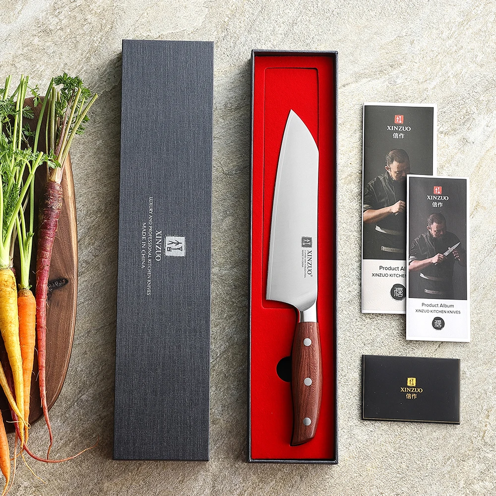 Фото Нож XINZUO Santoku 7,1 дюйма с ручкой из высококачественной красной древесины, 3-слойная композитная сталь, нержавеющая сталь, твердость сердцевины 440C. №1