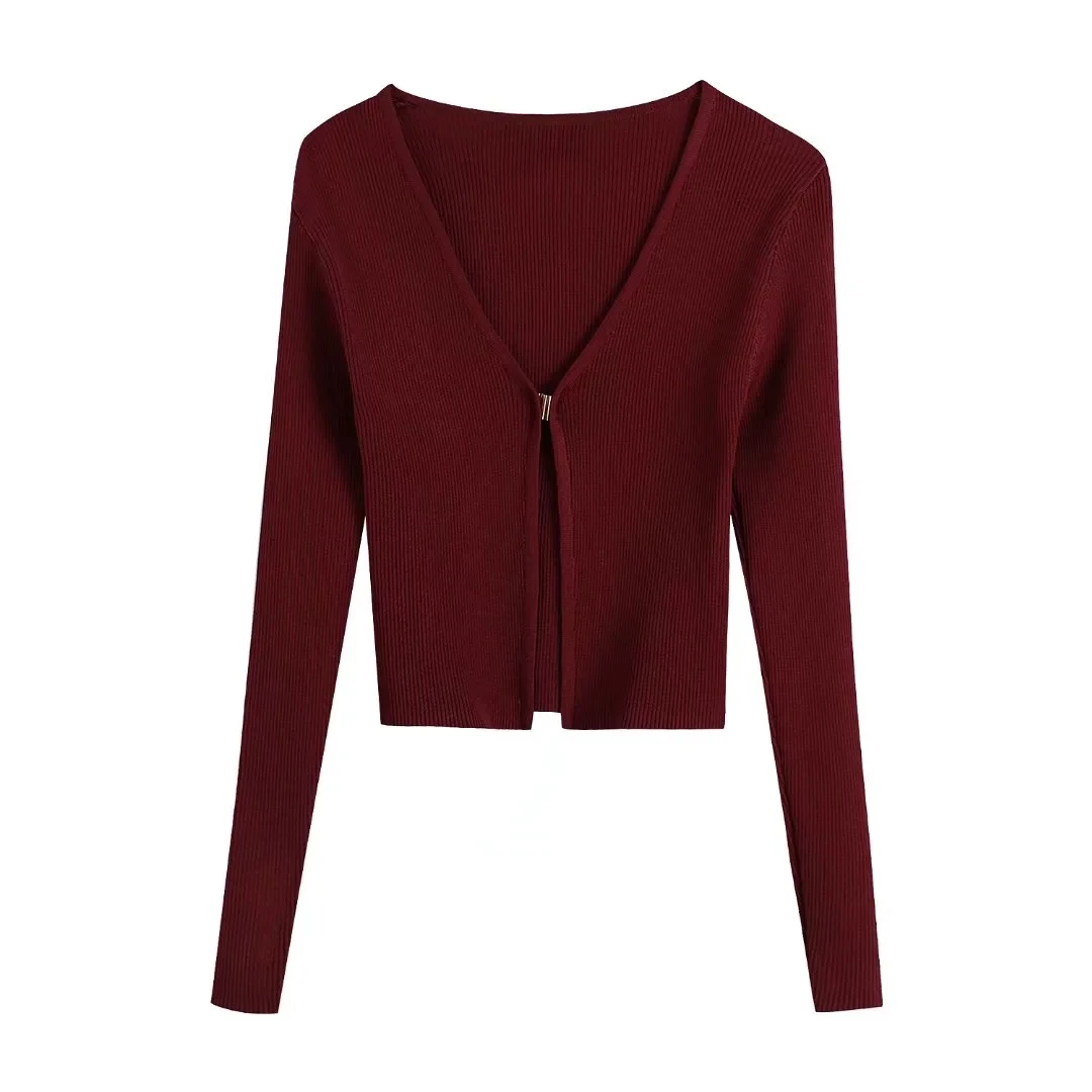 

XITIMEAO Women Fashion Front Golden Hook Open Knit Cardigan Sweater Vintage V Neck Long Sleeve Female Outerwear Chic Tops