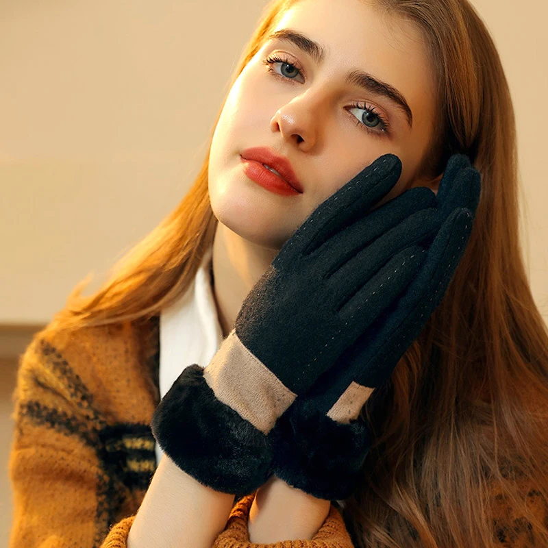 

Женские зимние теплые шерстяные кашемировые перчатки, варежки из искусственного меха, искусственная замша, с закрытыми пальцами и вышивкой в виде сердца, утолщенные варежки для сенсорного экрана
