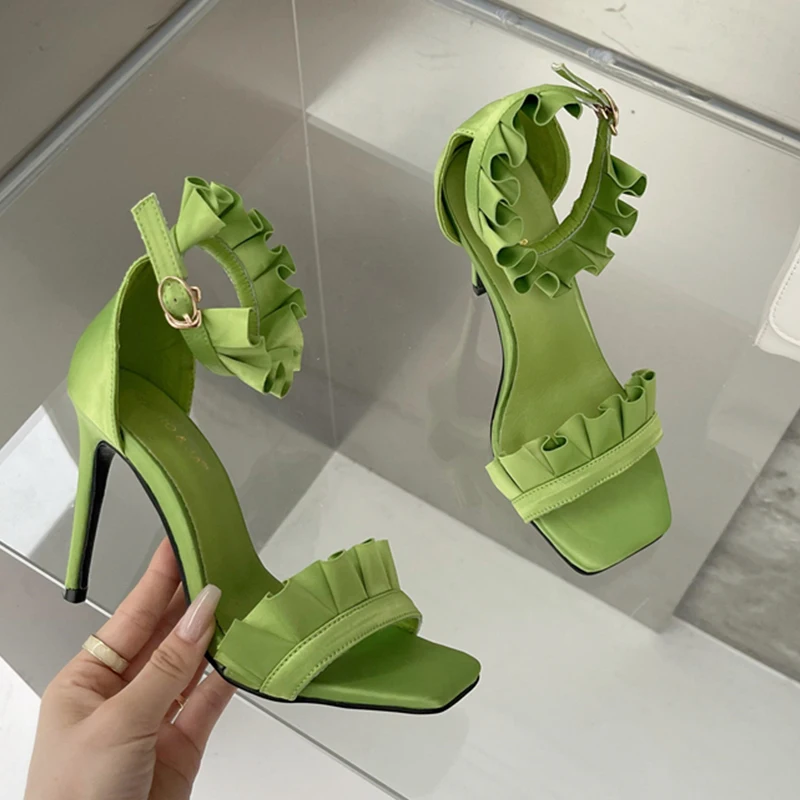 

Big Size Sandals 2022 New Women Pumps Ladies Slides Flower Summer Square Toe Gladiator Zipper Super Thin High Heels Female Shoes