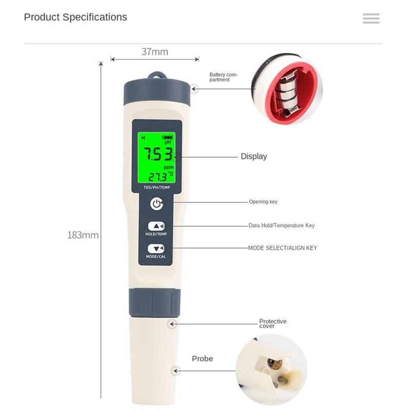 Ручка для проверки качества воды 3 в 1 измеритель pH TDS/PH/TEMP многопараметрический