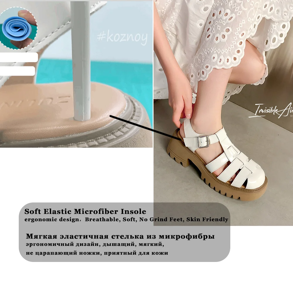 Koznoy Summer Women's Sandals 6cm Genuine Leather Hot Sale Platform Mujer Comfy Fashion Ladies Buckle Non Slip Chunky Heel Shoes