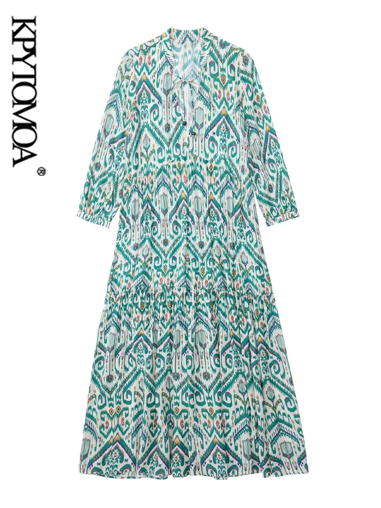 

KPYTOMOA Women Fashion With Tied Printed Loose Midi Dress Vintage V Neck Three Quarter Sleeves Female Dresses Vestidos Mujer