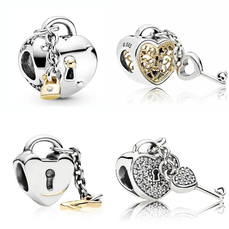 

Openwork Two-tone Padlock Key To My Heart Lock With Crystal Beads 925 Sterling Silver Charm Fit Europe Bracelet Diy Jewelry