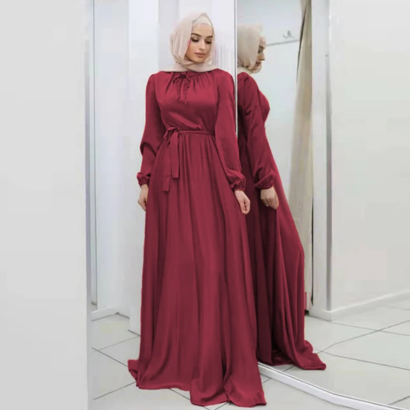 Muslim Fashion Satin Wrap Dress Ramadan Belted Abaya Dubai Turkey Arabic Long Sleeve Maxi Dresses Women Islam Clothing Robes