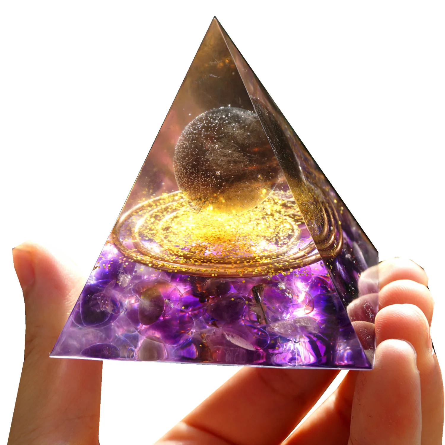 Pirámide de orgonita hecha a mano, esfera de cristal ahumado de 60mm con amatista, Reiki, meditación curativa de energía, colección de pirámide Orgone