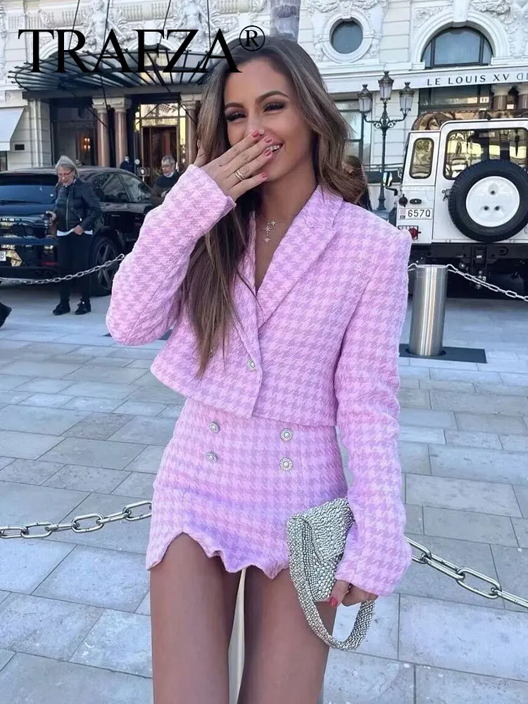 TRAFZA 2024 Autumn Houndstooth Culottes Suits For Women New Long Sleeves Cropped Blazer Top + Chic Elegant Female Shorts