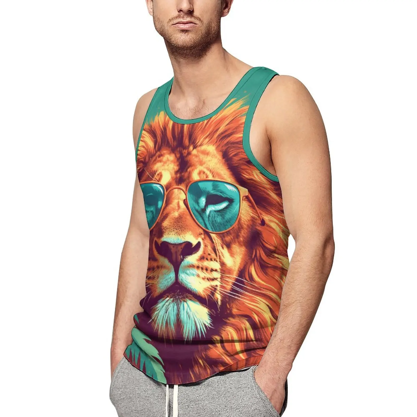 

Lion Tank Top Mens Graphic Illustration Sunny Beach Sunglasses Gym Oversize Tops Summer Fashion Design Sleeveless Vests