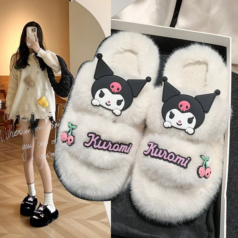 

Sanrio аниме Kawaii Kuromi мультфильм увеличивающие плюшевые тапочки осень милые девочки Y2K Высокое качество домашняя обувь Хэллоуин подарок