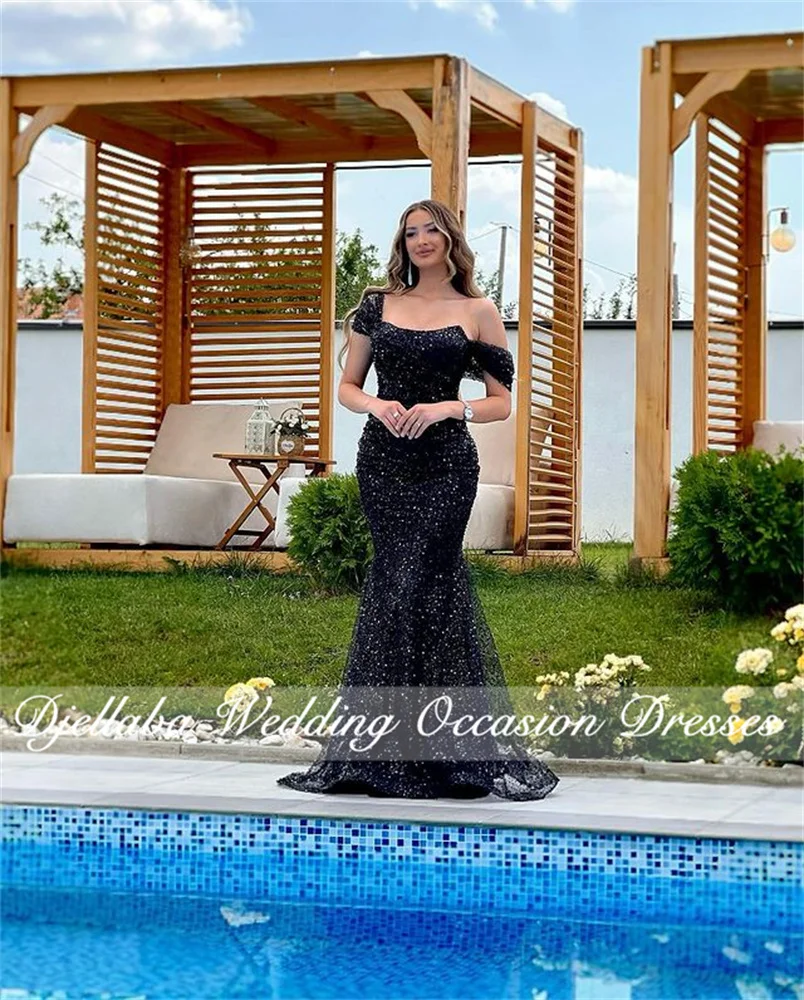 

Charming Black Sequins Evening Dresses 2022 Mermaid Off Shoulder Formal Party Celebrity Gowns Robe De Soiree