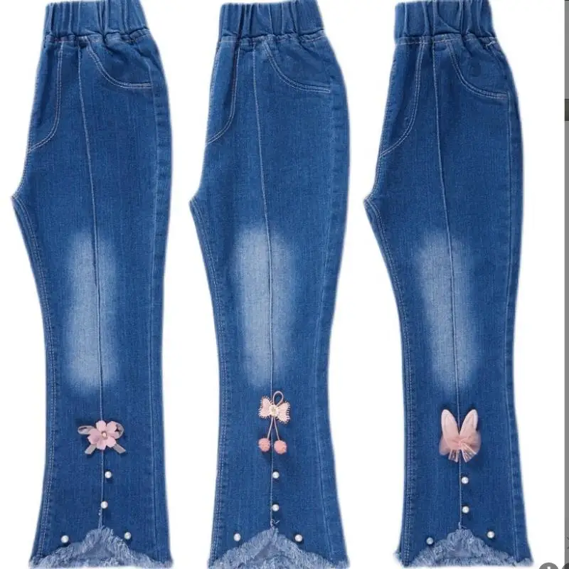 

New Teenage Girls Jeans 2022 Spring Autumn Casual Fashion Loose Blue Kids Leg Wide Pants School Children Trousers 3-12Year