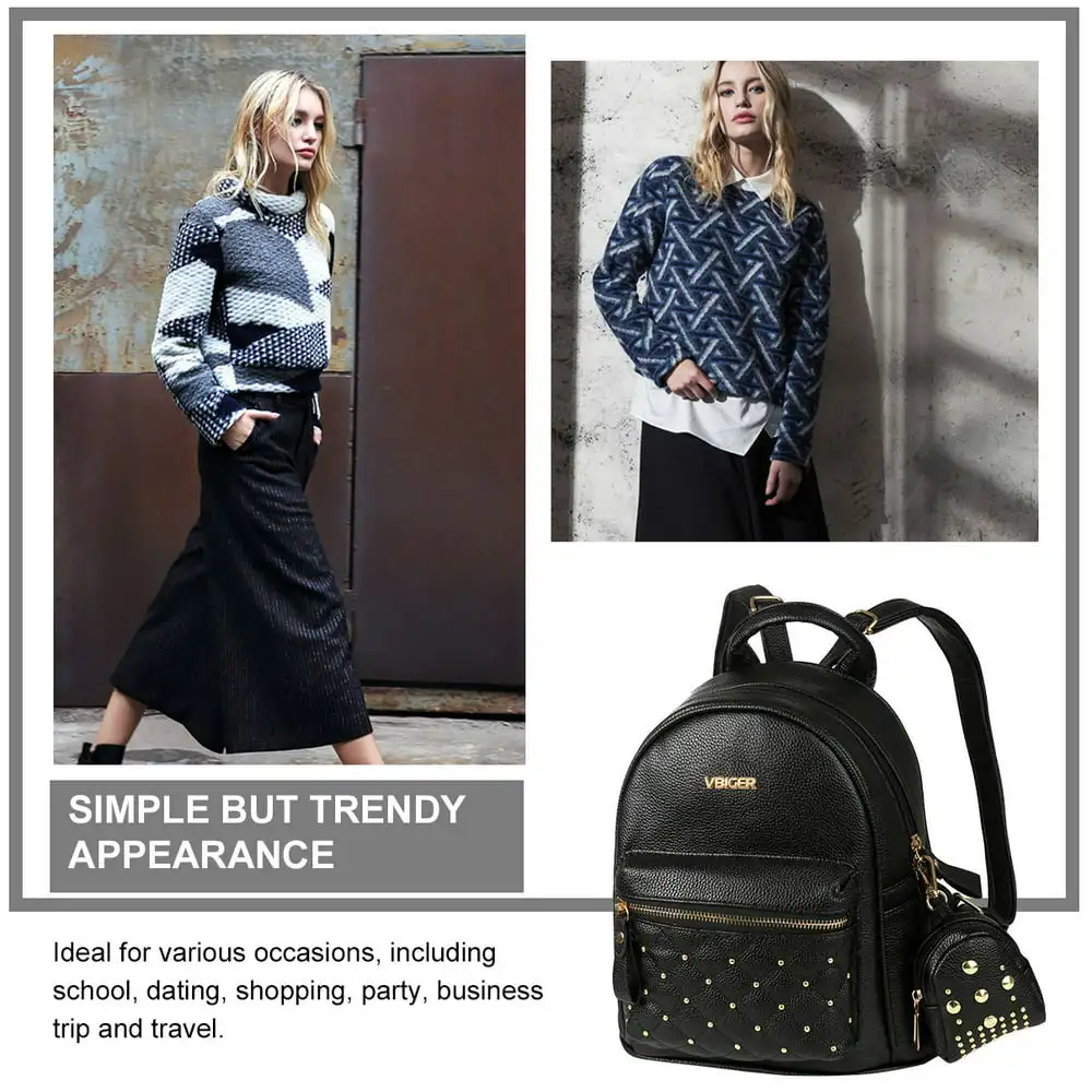 2 in 1 PU Leather Backpack Trendy Travel Shoulders Bag Chic Outdoor Daypack Casual School Backpacks for Women, Rivets Decoration