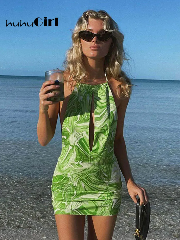 

Huhugirl 2022 Summer Boho Mini Dress Women Sexy Backless Hollow Out Bandage Halter Dress Print Female Party Dresses Vesstidos