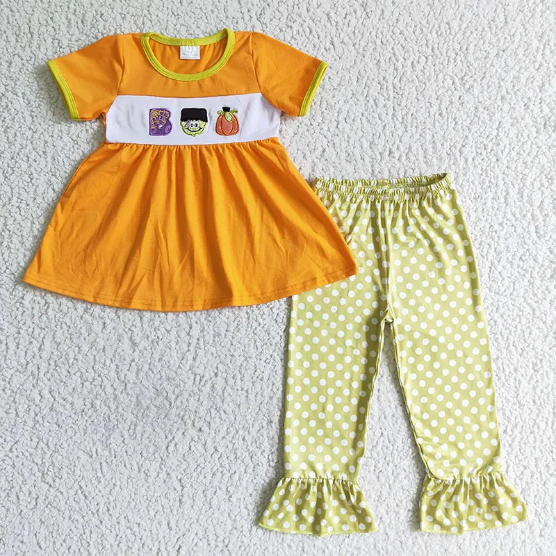 

Children's fall clothing boutique embroidery girls clothing pumpkin tunic set kids Halloween clothes kids clothing wholesale