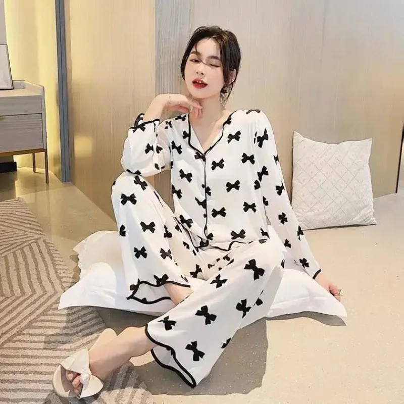 

Pajama Sets Female Spring and Summer Ice Silk Thin Short Sleeve Lovely Sexy Home Clothes But Outside Wear Suit Pijamas Women