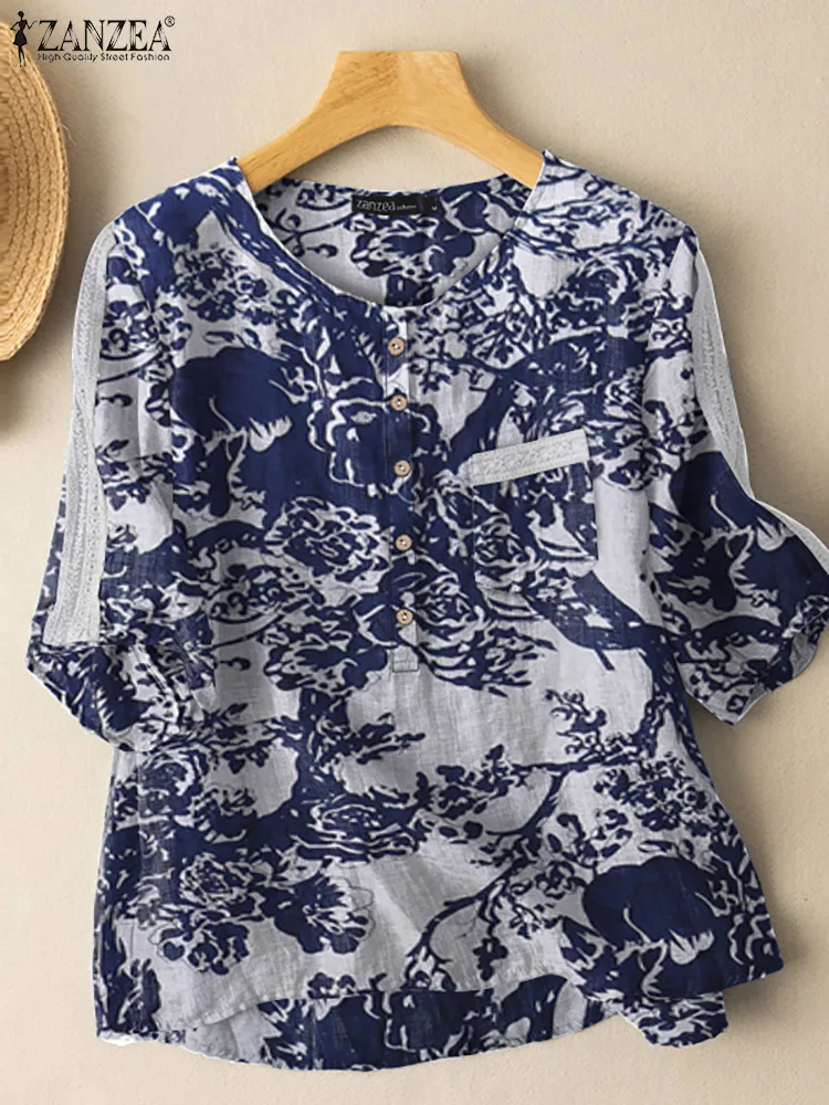 

Vintage Women Floral Printed Blouse ZANZEA Summer O Neck Half Sleeve Blusas Tunic Work Shirt Oversize Retro Casual Cotton Tops