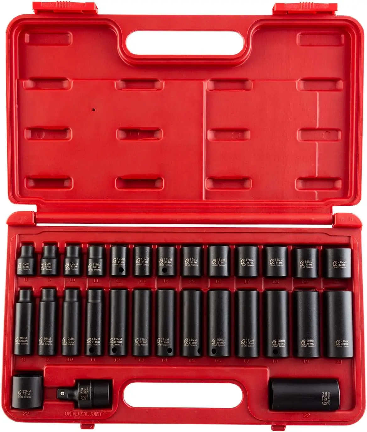 

3329 3/8-Inch Drive Standard and Deep Metric Socket Set, Metric, Standard/Deep, 6-Point, Cr-Mo, 8mm - 22mm, 29-Piece