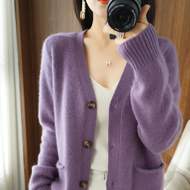 Spring And Autumn New 100%Wool Cashmere Sweater Women's Loose Large Size V-neck Cardigan Warm Sweater Coat Knitted Jacket Female enlarge