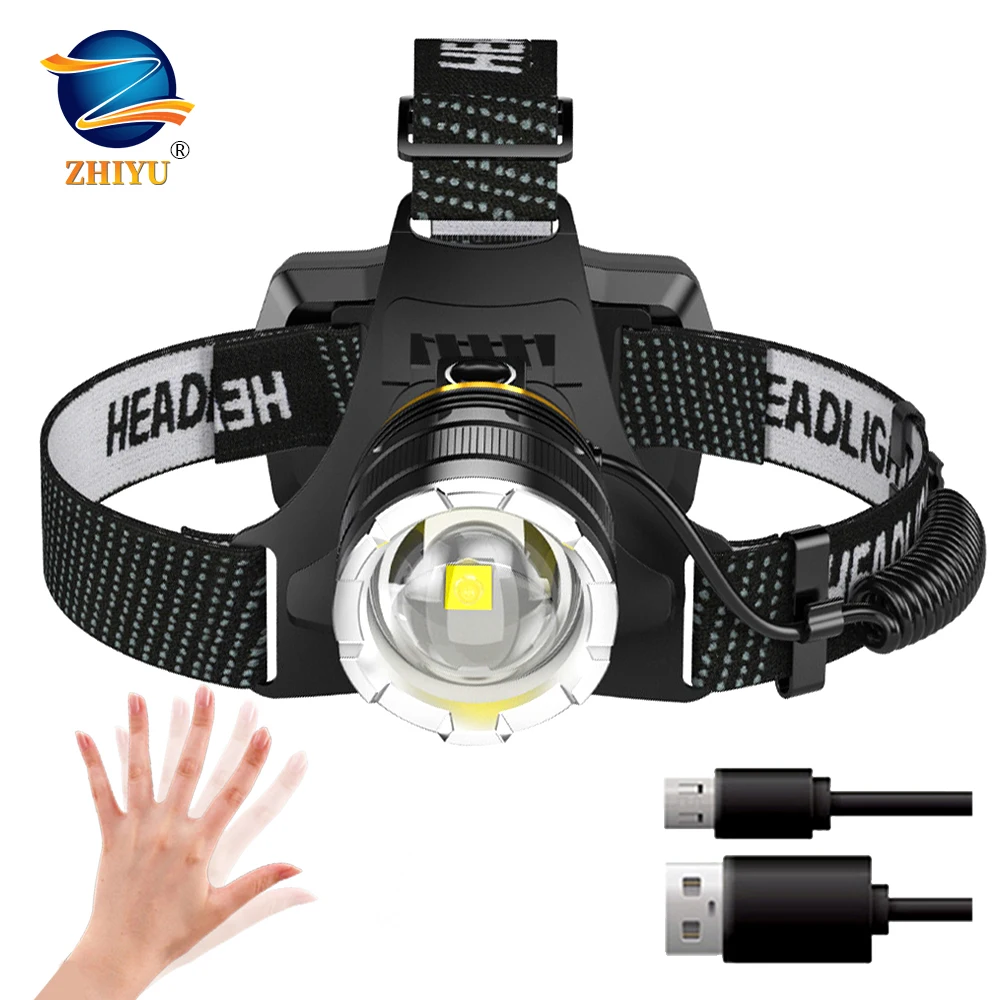 

Drop Shipping XHP50 High Powerful Headlamp Flashlight Head Torch LED Zoom Sensor Headlight 18650 Rechargeable Fishing Lantern