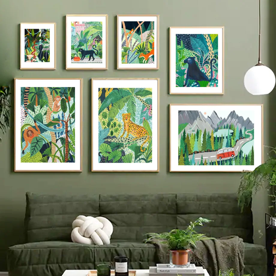 Тропические джунгли леопард белый тигр лиса олень Детские стены искусство