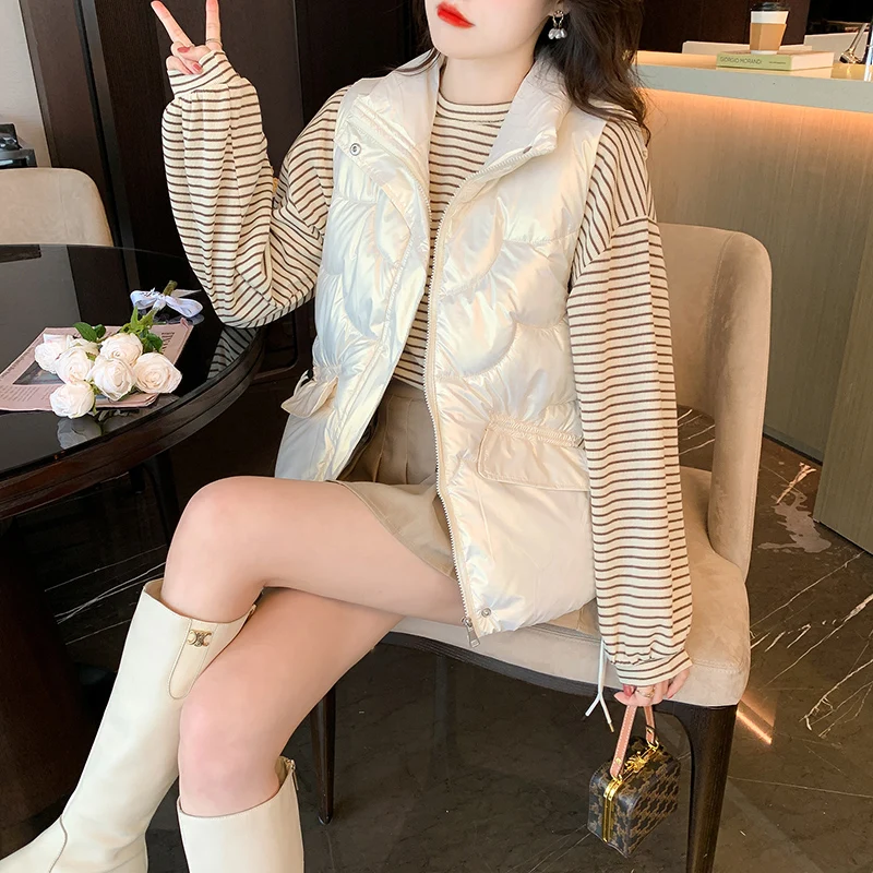 

2022 autumn and winter new down cotton vest women's fashion trend outside wear Western style vest bright surface wash-free vest