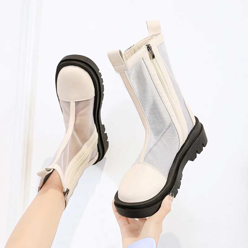 STRONGSHEN Summer Women Mesh Boots Fashion Breathable Zipple Ankle Boots Woman Shoes Sandals Hollow Breathable Socks Boots