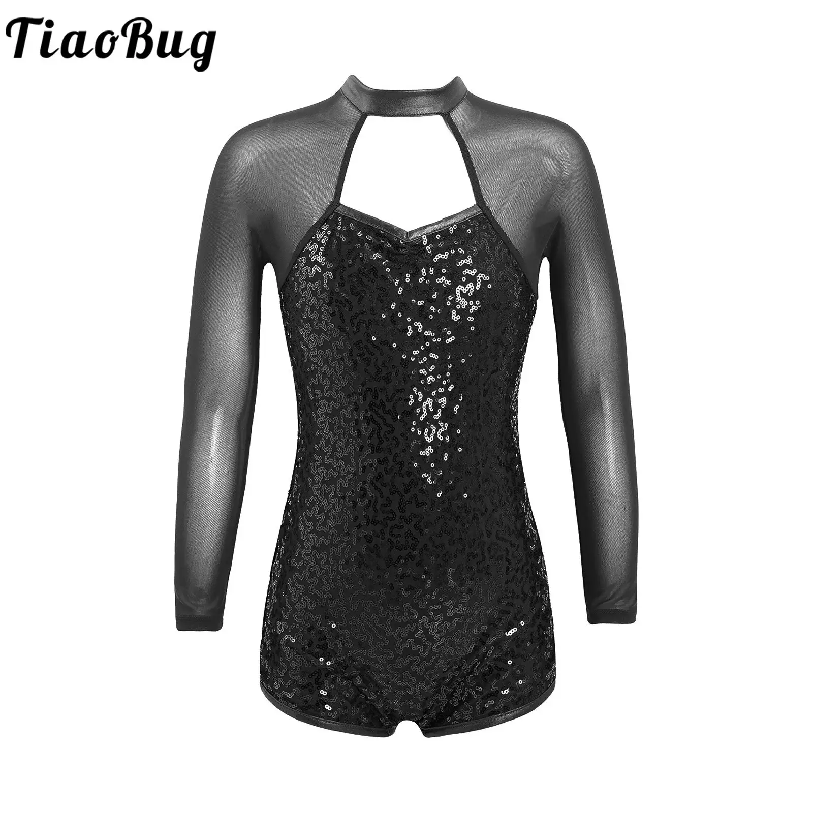 

Kids Girls Patchwork Mesh Long Sleeve Hollow Front Shiny Sparkling Sequins Decorated Backless Ballet Dance Leotards Dress