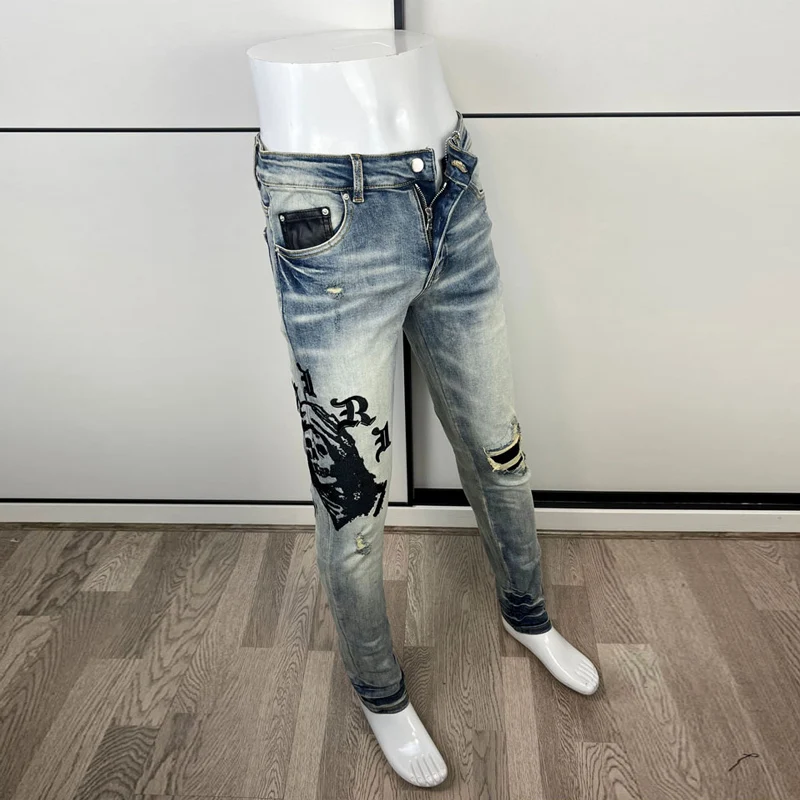 Street Fashion Men Jeans Retro Blue Elastic Stretch Slim Fit Ripped Jeans Men Brand Patch Designer Hip Hop Denim Pants Hombre