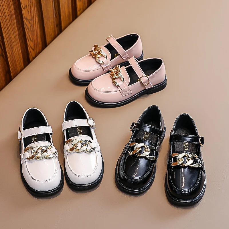 

Classic Children Leather Shoes for Girls Fashion Brand Oxfords British Style Metal Chains Kids Shoes School Party Wedding Shoes