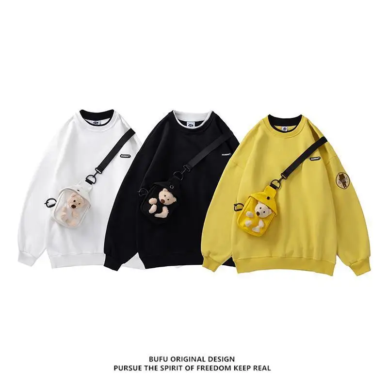 

Winter Plush Thick Bear Pullover with Bag Sweet Women Men Loose Kawaii Fake Two-piece Tops Long Sleeve Solid O-Neck Sweatshirt