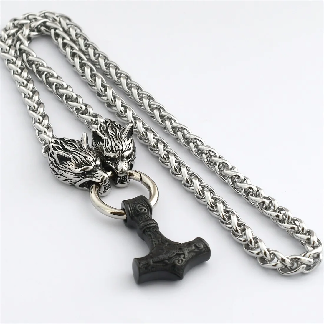

Viking Black Thor's Hammer Pendant Necklace Nordic Stainless Steel Wolf Head Keel Chain Men's Punk Jewelry