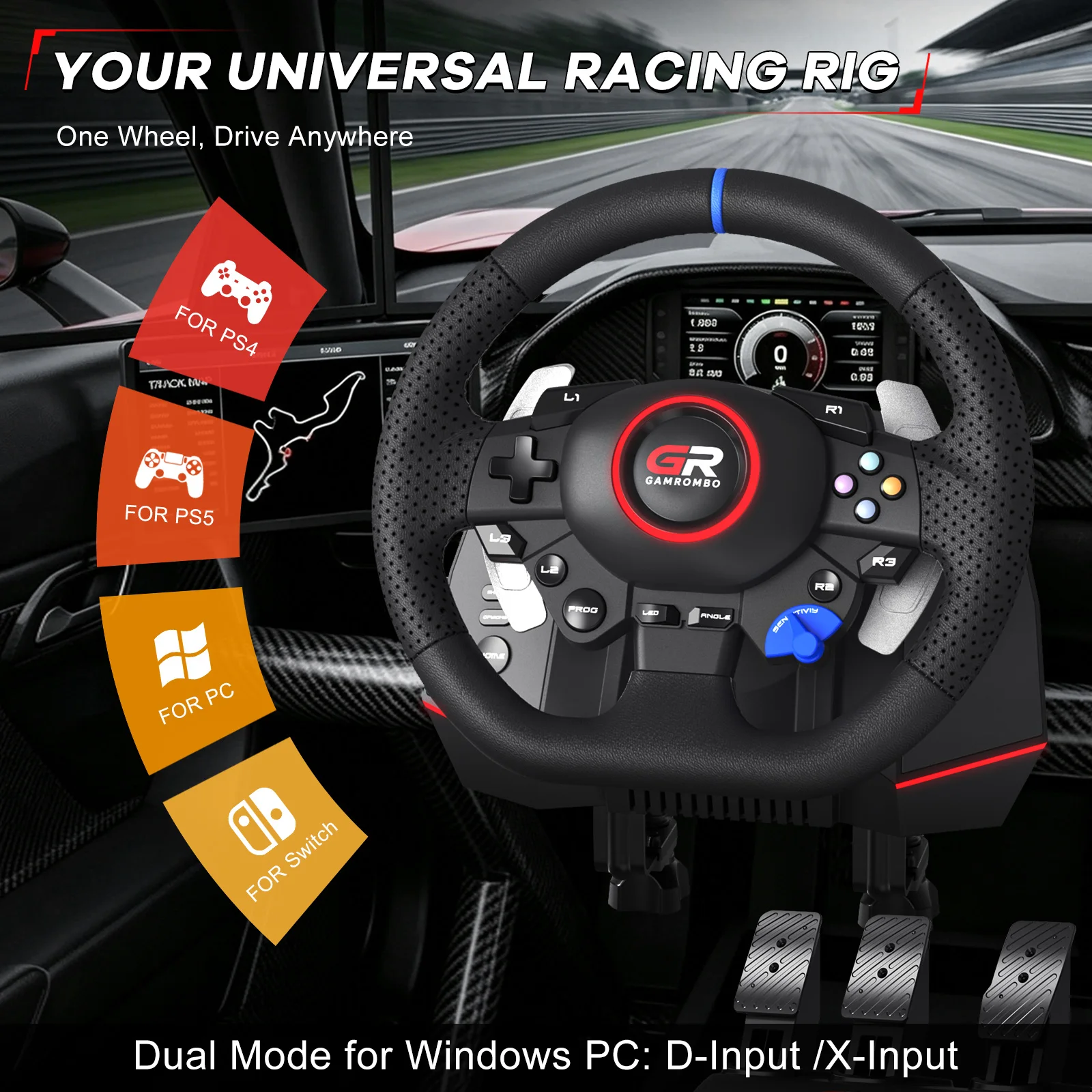 Фото Игровой руль F116 для PS5/PS4/PC/Switch 270 ° /900 °   Гоночный руль RGB Volante Hall с 3 педалями и рычагом переключения передач №2
