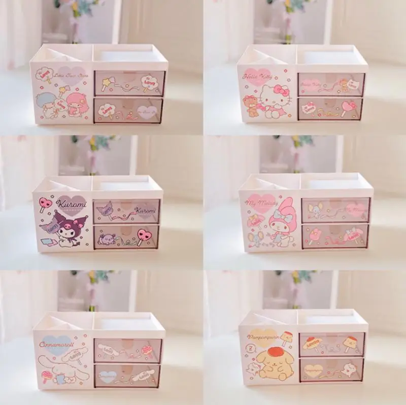 

Kawaii My Melody Cinnamoroll Kuromi помпон пурин Hellokittys Sanrioed настольная коробка для хранения мультяшная двойная шкатулка для драгоценностей держатель для ...