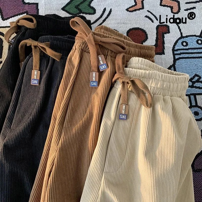 Casual Solid Color Korean Loose Straight Cylinder Sweatpants New Waist Drawcord Fashion Youth All-match Male Ninth Pants 2023